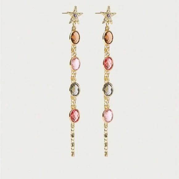 Gold Star Drop Earrings with Multi-Colored Stones R360 - Picture 4 of 4